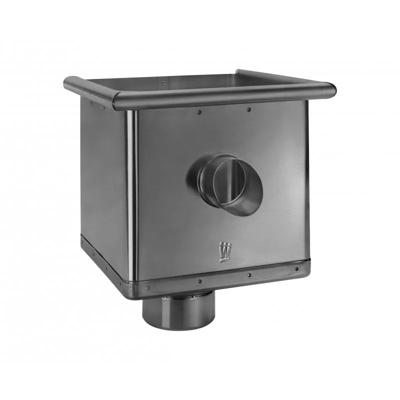 ALUMINUM SQUARE HOPPER LEADER HEAD - CUBIC ECCENTRIC WITH OVERFLOW PIPE