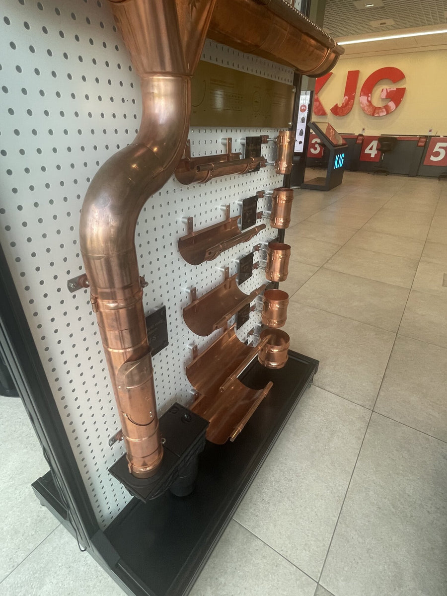Copper gutter and downpipe detail on display in the KJG showroom